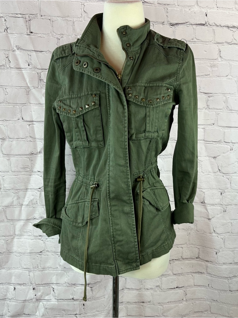 Others Follow Olive Green cotton Utility Jacket Studded Pockets women S military